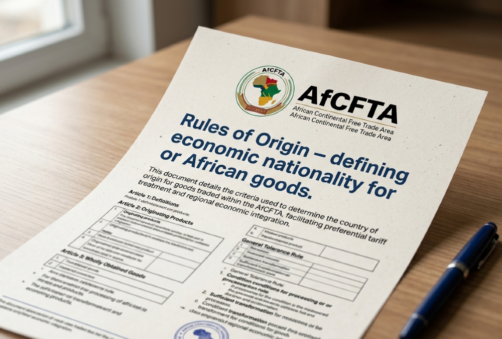 Close-up of trade document with AfCFTA logo and text "Rules of Origin – defining economic nationality for African goods.