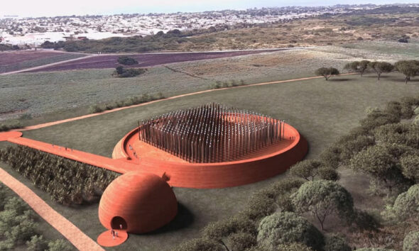 Rendering of the Barbados slavery memorial designed by Adjaye Associates, featuring teak wooden stakes sourced from Ghana as a symbolic landscape intervention.