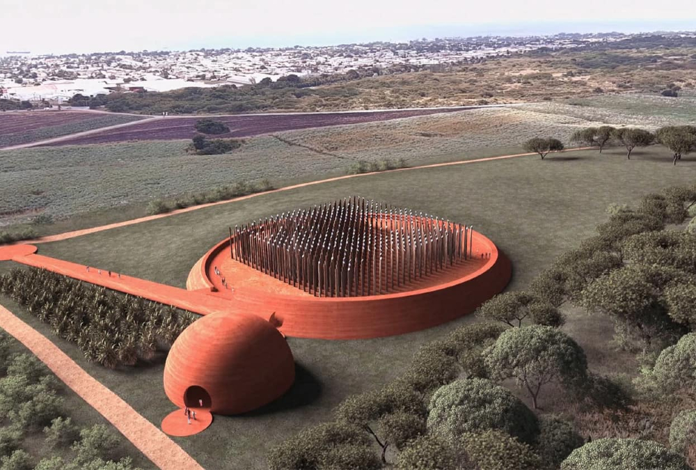 Rendering of the Barbados slavery memorial designed by Adjaye Associates, featuring teak wooden stakes sourced from Ghana as a symbolic landscape intervention.