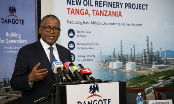 Aliko Dangote announcing new oil refinery project in Tanga Tanzania to reduce East Africa fuel imports