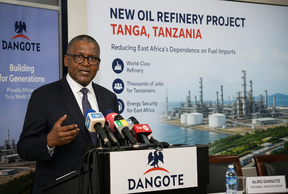 Aliko Dangote announcing new oil refinery project in Tanga Tanzania to reduce East Africa fuel imports