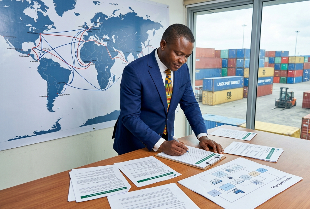 African business owner reviewing export readiness checklist with global trade maps, shipping containers, compliance documents, and supply chain planning for international markets