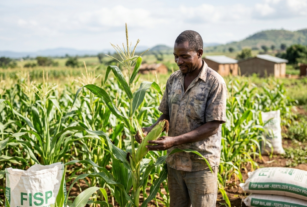 Malawian farmer receiving subsidized fertilizer and hybrid seeds under FISP program, illustrating Africa’s agricultural subsidy trap and challenges in achieving long-term food security.