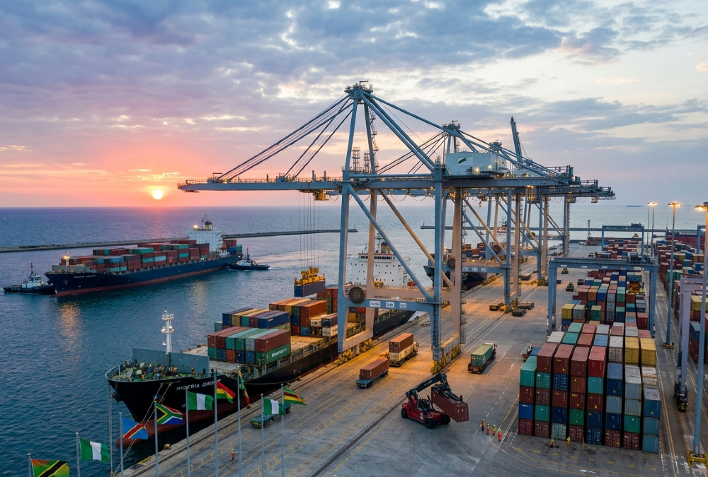 African cargo ships docking at a modern deepwater port terminal