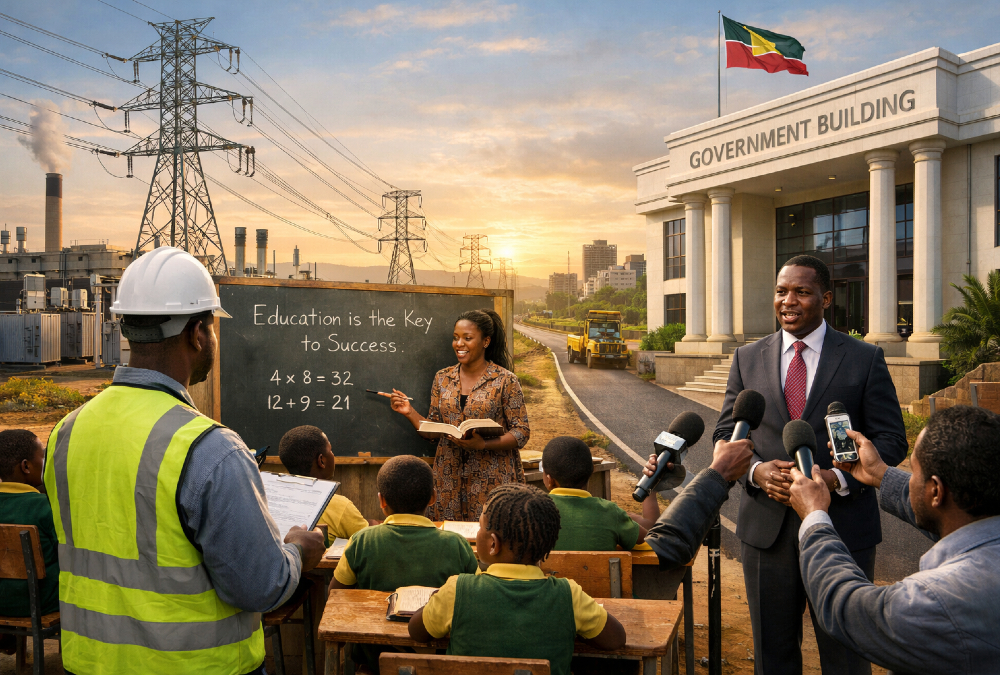 African infrastructure development project symbolizing state-led growth prerequisites: reliable electricity, education, and governance