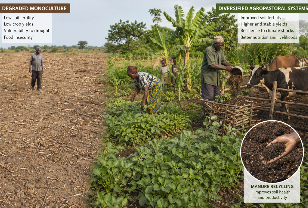 Illustration of Sub-Saharan African farmland showing degraded monoculture fields alongside diversified agropastoral systems with crops, livestock, and manure recycling improving soil health and productivity.