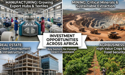 Collage of African manufacturing mining real estate and agribusiness sectors highlighting key foreign investment opportunities in Africa