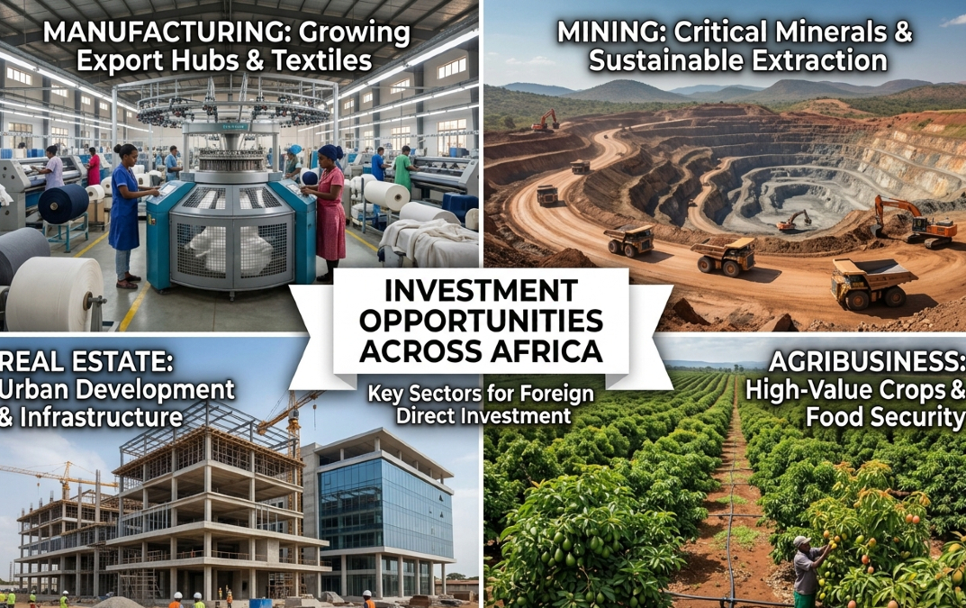 Collage of African manufacturing mining real estate and agribusiness sectors highlighting key foreign investment opportunities in Africa