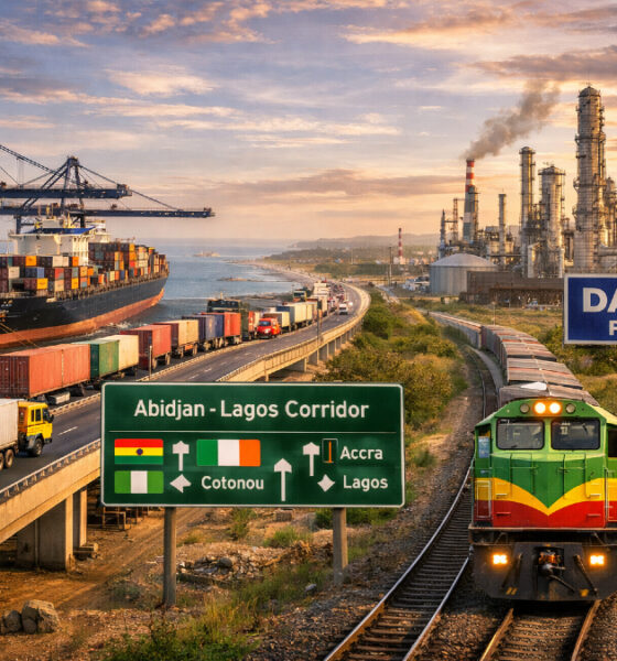 West Africa at a crossroads between becoming a transit shipping corridor or a fully integrated industrial hub, illustrated through major infrastructure projects like the Abidjan–Lagos Corridor, Ghana–Burkina Faso railway, and emerging logistics and manufacturing investments shaping regional trade competitiveness.