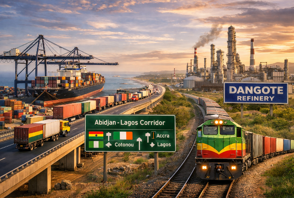 West Africa at a crossroads between becoming a transit shipping corridor or a fully integrated industrial hub, illustrated through major infrastructure projects like the Abidjan–Lagos Corridor, Ghana–Burkina Faso railway, and emerging logistics and manufacturing investments shaping regional trade competitiveness.