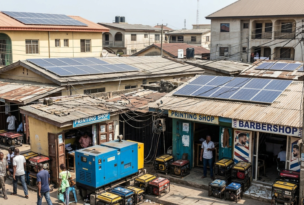 Nigeria's parallel electricity economy with generators and solar panels replacing collapsed national grid infrastructure