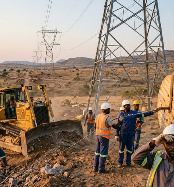Construction workers building power lines in rural Africa, representing the need for bulldozers over frequent elections.