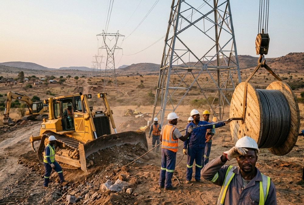 Construction workers building power lines in rural Africa, representing the need for bulldozers over frequent elections.
