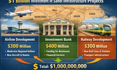 Infographic showing $1 billion allocation across Sahel states infrastructure projects: airline, investment bank, and railway development