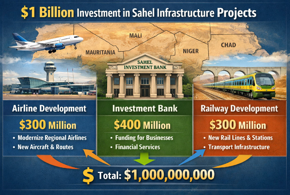 Infographic showing $1 billion allocation across Sahel states infrastructure projects: airline, investment bank, and railway development