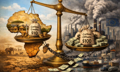 Illustration of Africa in global carbon markets showing imbalance between low-priced carbon credits and high-emission industrial economies, highlighting dependency, inequality, and the challenge of sustainable industrialization.