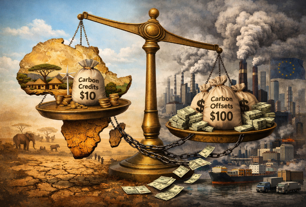 Illustration of Africa in global carbon markets showing imbalance between low-priced carbon credits and high-emission industrial economies, highlighting dependency, inequality, and the challenge of sustainable industrialization.