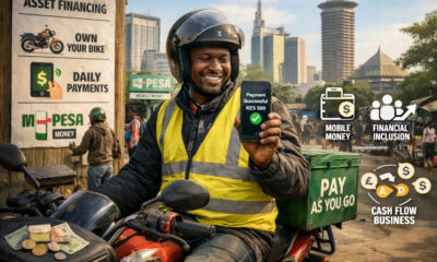 Asset Financing Model in Africa illustrated by a Nairobi motorbike rider using daily pay-as-you-go payments, highlighting mobile money, financial inclusion, and innovative cash-flow business models across emerging African markets
