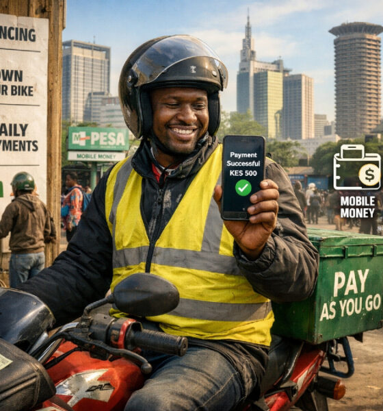 Asset Financing Model in Africa illustrated by a Nairobi motorbike rider using daily pay-as-you-go payments, highlighting mobile money, financial inclusion, and innovative cash-flow business models across emerging African markets