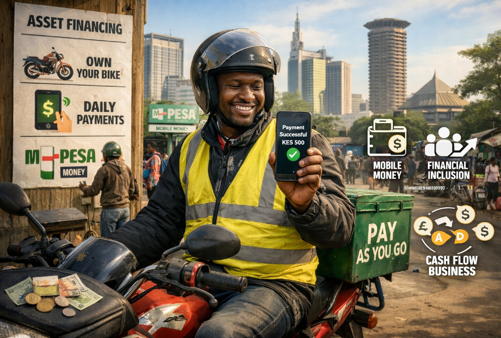Asset Financing Model in Africa illustrated by a Nairobi motorbike rider using daily pay-as-you-go payments, highlighting mobile money, financial inclusion, and innovative cash-flow business models across emerging African markets