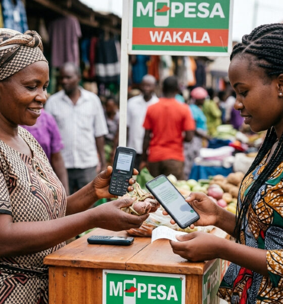 African woman using mobile phone for mobile money payment at a market in Lusaka, Zambia.