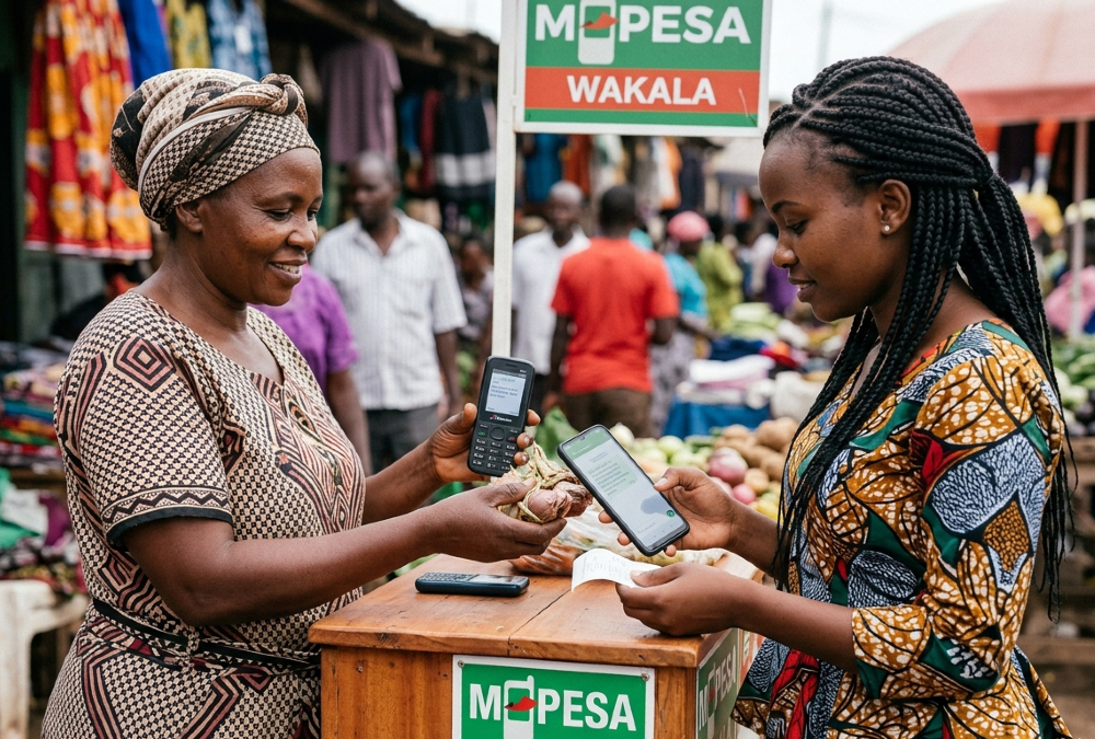 African woman using mobile phone for mobile money payment at a market in Lusaka, Zambia.