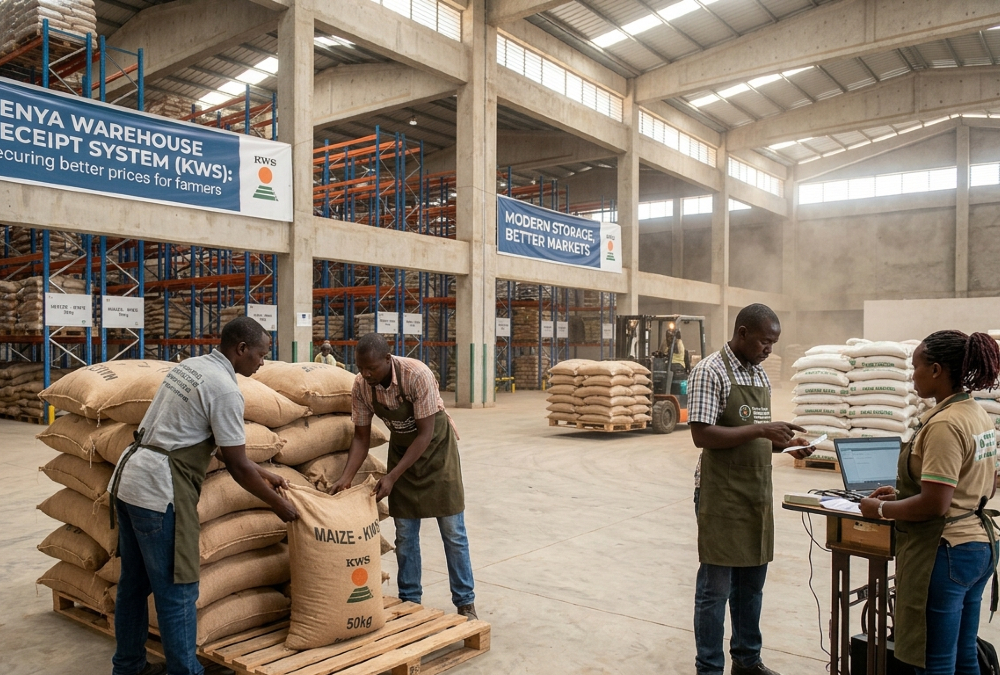 Farmers storing maize in a modern warehouse under Kenya's Warehouse Receipt System to secure better market prices