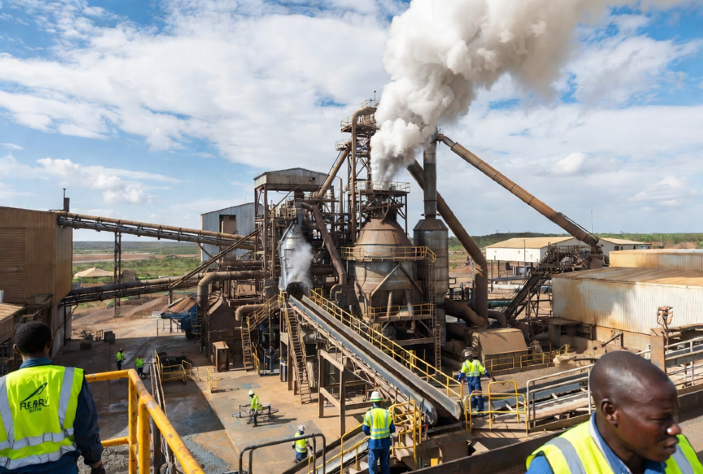 Southern Africa mining and processing facility with workers refining lithium and copper, symbolizing the region’s shift from raw mineral exports to local beneficiation, industrialization, renewable energy integration, and modern transport corridors.