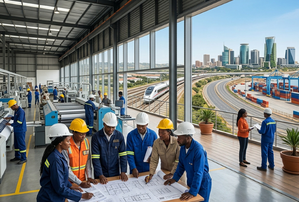 Africa economic transformation concept showing African industrialization, value chains, infrastructure development, capital mobilization, and the shift from commodity dependence to structured prosperity by design.