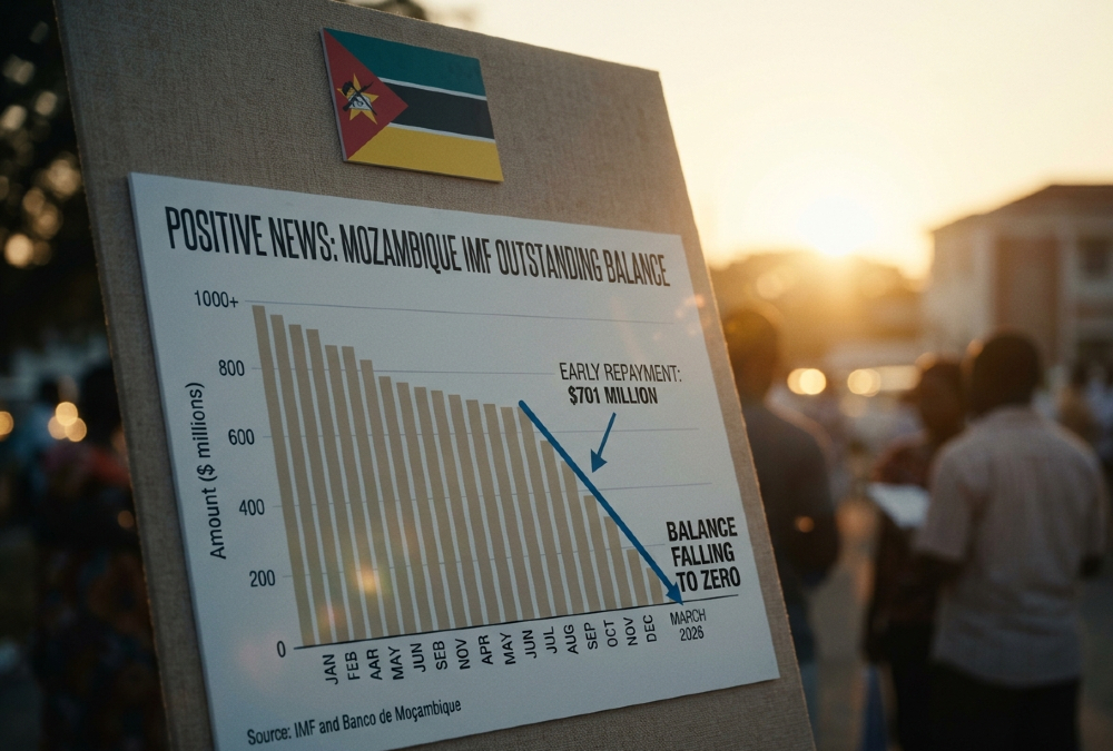 Chart showing Mozambique’s IMF balance falling to zero in March 2026 after $701 million early repayment.