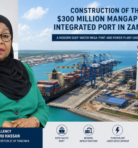 Tanzanian President Samia Suluhu Hassan with image of Construction of the $300 million Mangapwani Integrated Port in Zanzibar, Tanzania, showing a modern deep-water mega-port with container ships, cranes, and an adjacent power plant under development
