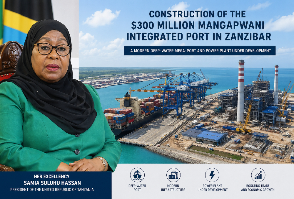 Tanzanian President Samia Suluhu Hassan with image of Construction of the $300 million Mangapwani Integrated Port in Zanzibar, Tanzania, showing a modern deep-water mega-port with container ships, cranes, and an adjacent power plant under development