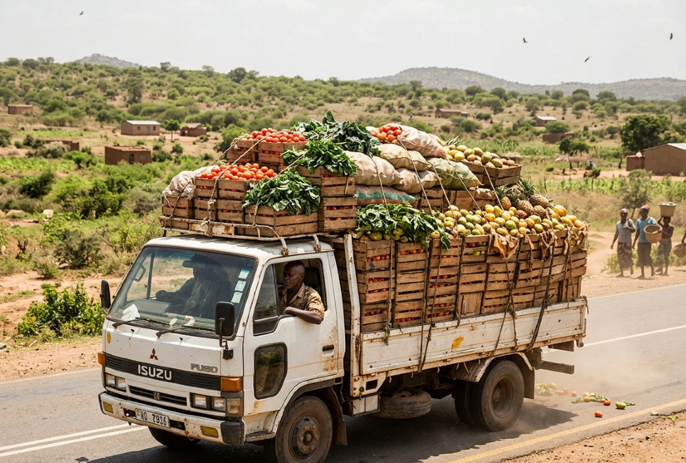 Unrefrigerated produce transport on rural African road highlighting cold chain gaps driving post-harvest food losses Africa