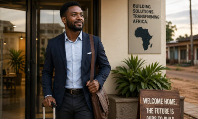 Professional African entrepreneur returning home to launch a startup, symbolizing reverse brain drain Africa