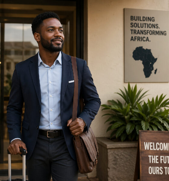 Professional African entrepreneur returning home to launch a startup, symbolizing reverse brain drain Africa