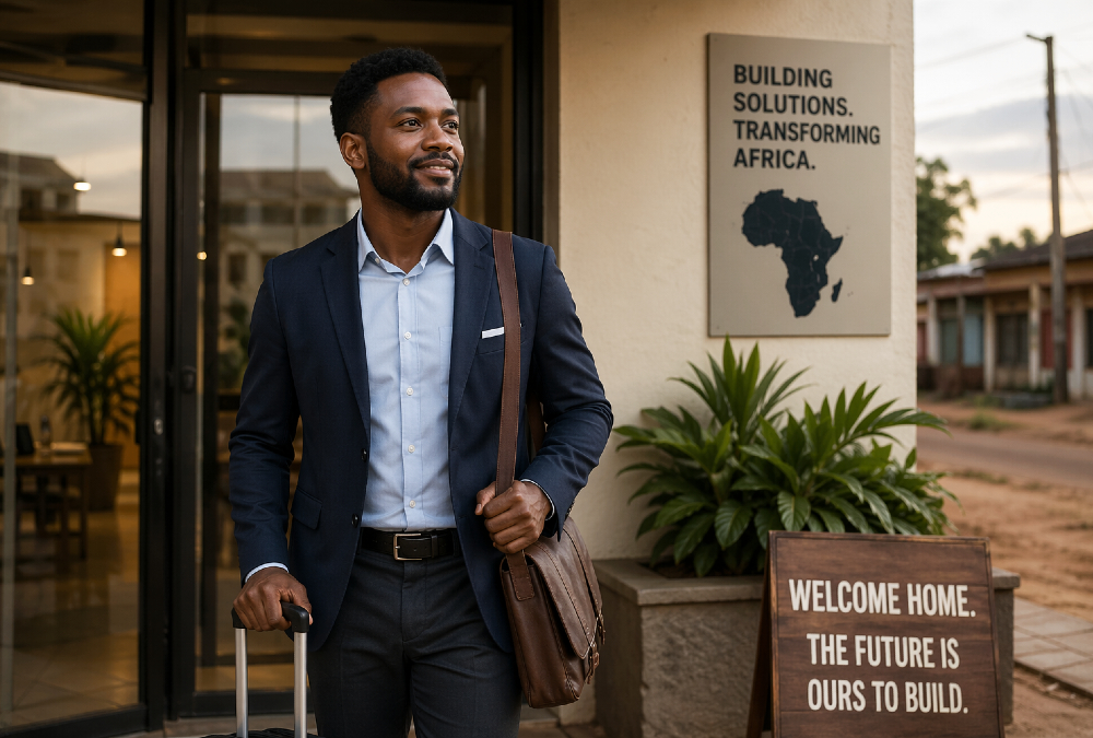 Professional African entrepreneur returning home to launch a startup, symbolizing reverse brain drain Africa