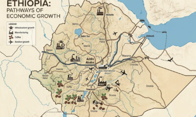Map of Ethiopia with economic icons representing manufacturing, coffee, aviation, and infrastructure growth in a state-led market