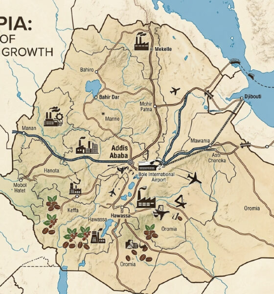 Map of Ethiopia with economic icons representing manufacturing, coffee, aviation, and infrastructure growth in a state-led market