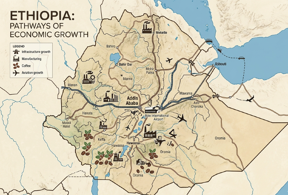 Map of Ethiopia with economic icons representing manufacturing, coffee, aviation, and infrastructure growth in a state-led market