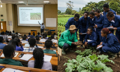 Side-by-side comparison: African agri-students in lecture hall versus hands-on field training with crops and soil, illustrating the theory-practice gap