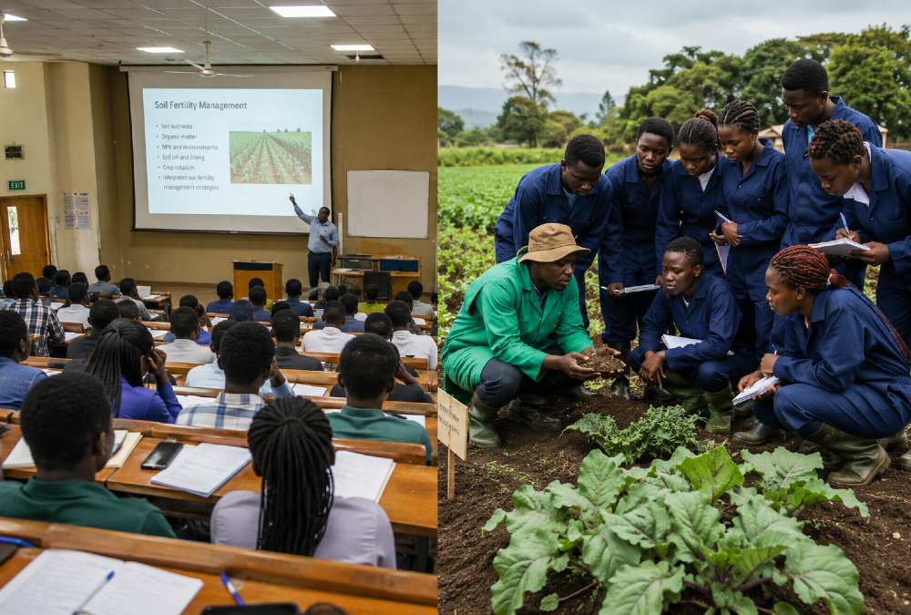 Side-by-side comparison: African agri-students in lecture hall versus hands-on field training with crops and soil, illustrating the theory-practice gap