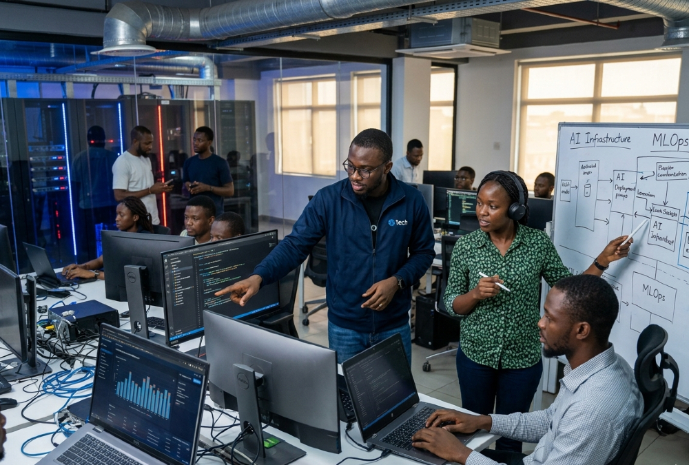 African engineers and data scientists working on AI infrastructure development and machine learning operations