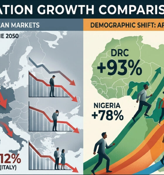 Global demographic shift map showing Africa population growth vs Europe decline, highlighting shrinking European economies and rapidly expanding African consumer markets by 2050.
