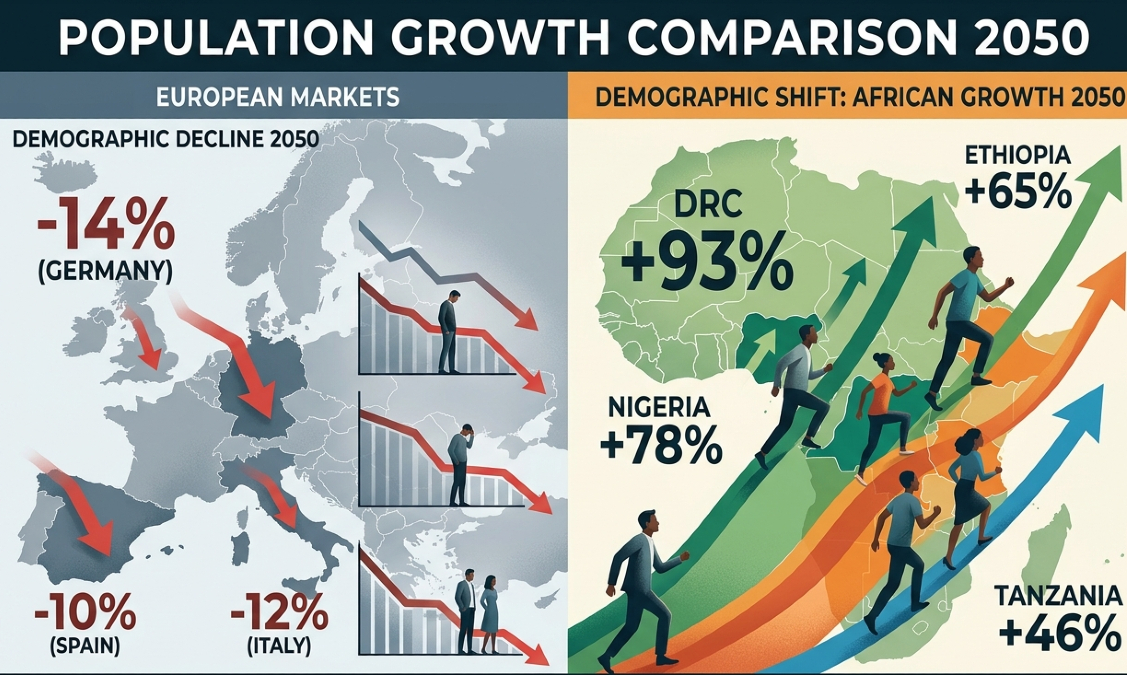 Global demographic shift map showing Africa population growth vs Europe decline, highlighting shrinking European economies and rapidly expanding African consumer markets by 2050.