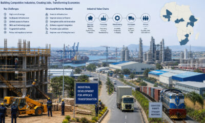 Illustration of African industrial development showing factories, infrastructure, and value chains representing the continent's manufacturing growth challenges and structural reform needs