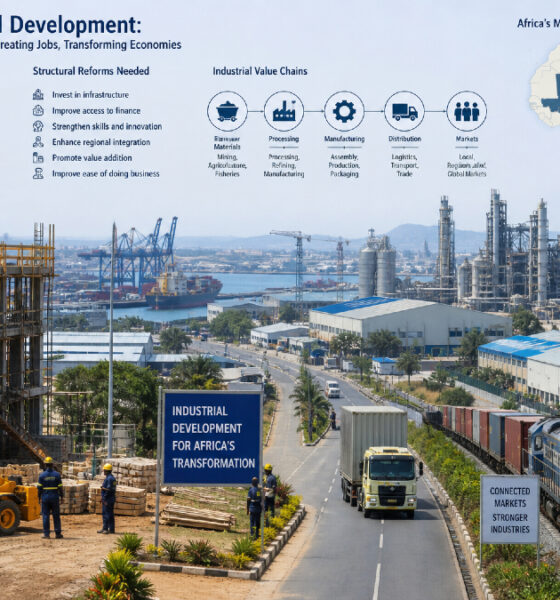 Illustration of African industrial development showing factories, infrastructure, and value chains representing the continent's manufacturing growth challenges and structural reform needs