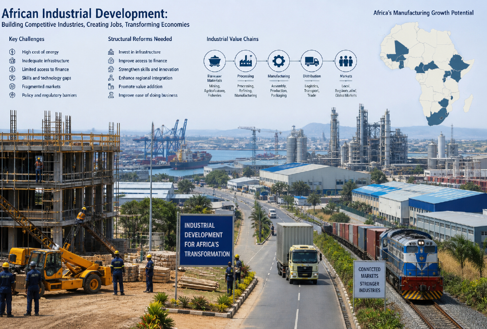 Illustration of African industrial development showing factories, infrastructure, and value chains representing the continent's manufacturing growth challenges and structural reform needs