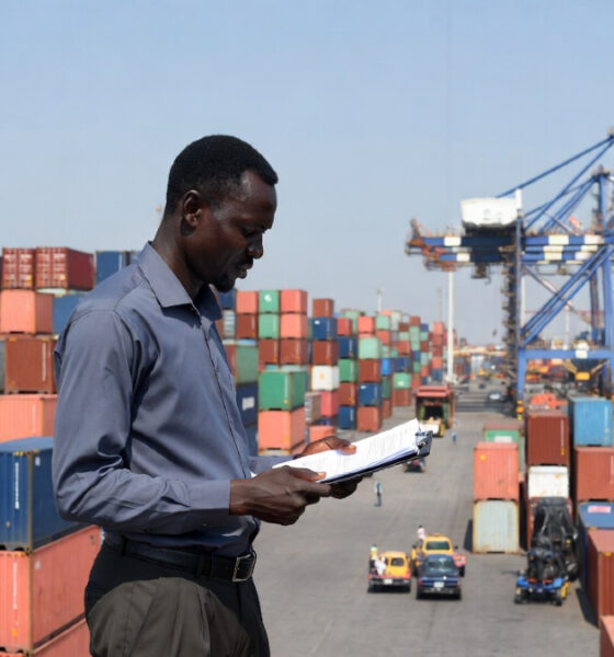 An African export trader reviewing shipment documents at a busy port, with cargo containers and freight vessels in the background, representing China Africa zero-tariff trade opportunities for African nations.