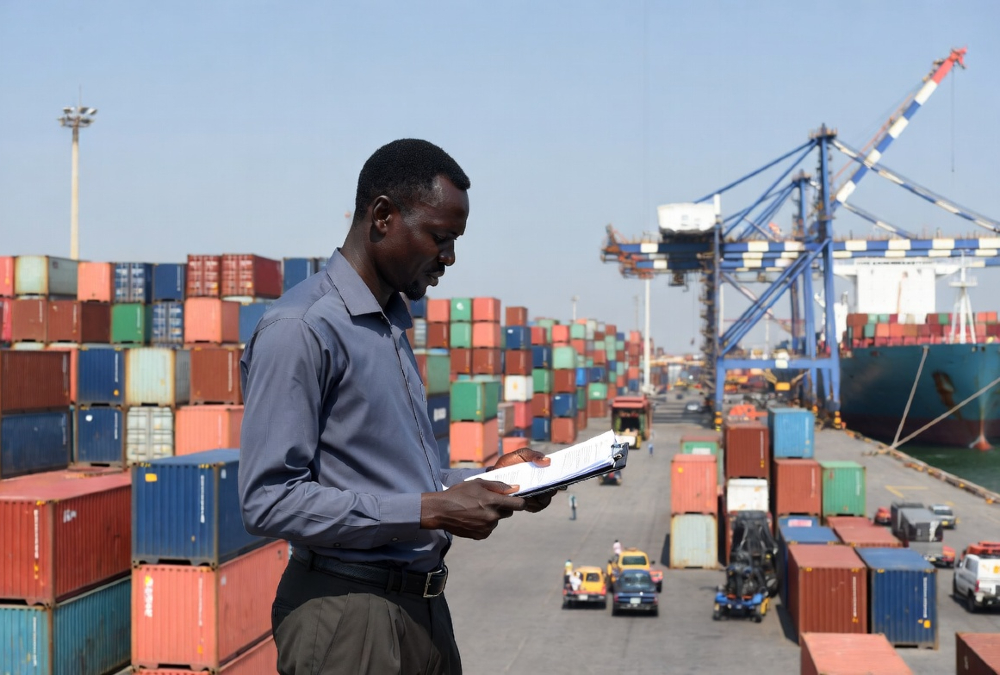 An African export trader reviewing shipment documents at a busy port, with cargo containers and freight vessels in the background, representing China Africa zero-tariff trade opportunities for African nations.