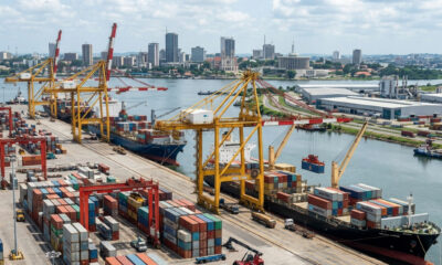 Container ships at Abidjan port with cranes loading goods, symbolizing West Africa's shift from consumer frontier to production and logistics hub - challenging outdated "One Africa market" assumptions.
